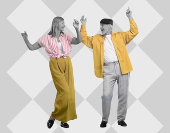 Image of Happy couple dancing on bright background. Creative collage with stylish mature man and woman. Concept of music, energy, party, fashion, lifestyle