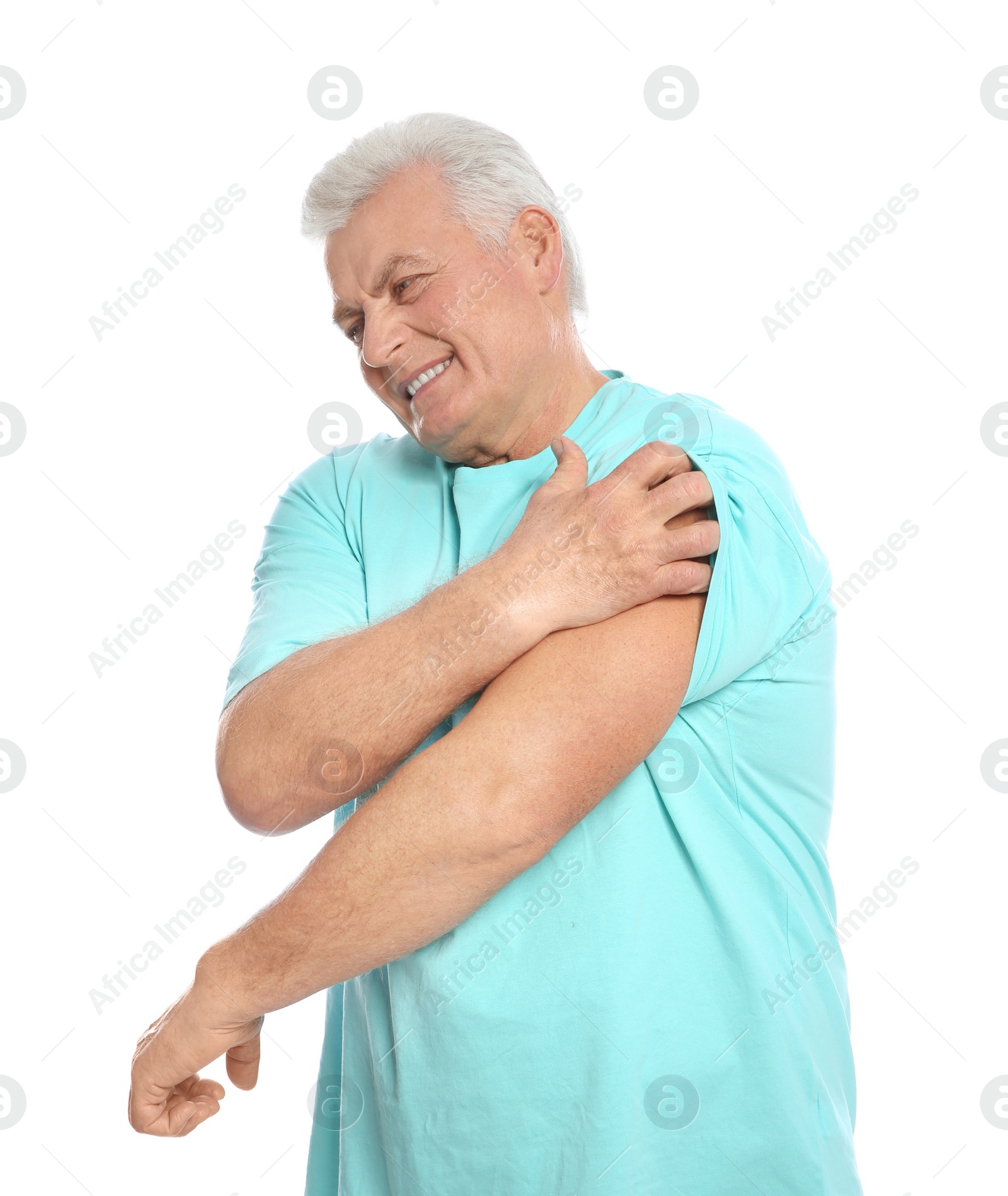 Photo of Mature man scratching arm on white background. Annoying itch