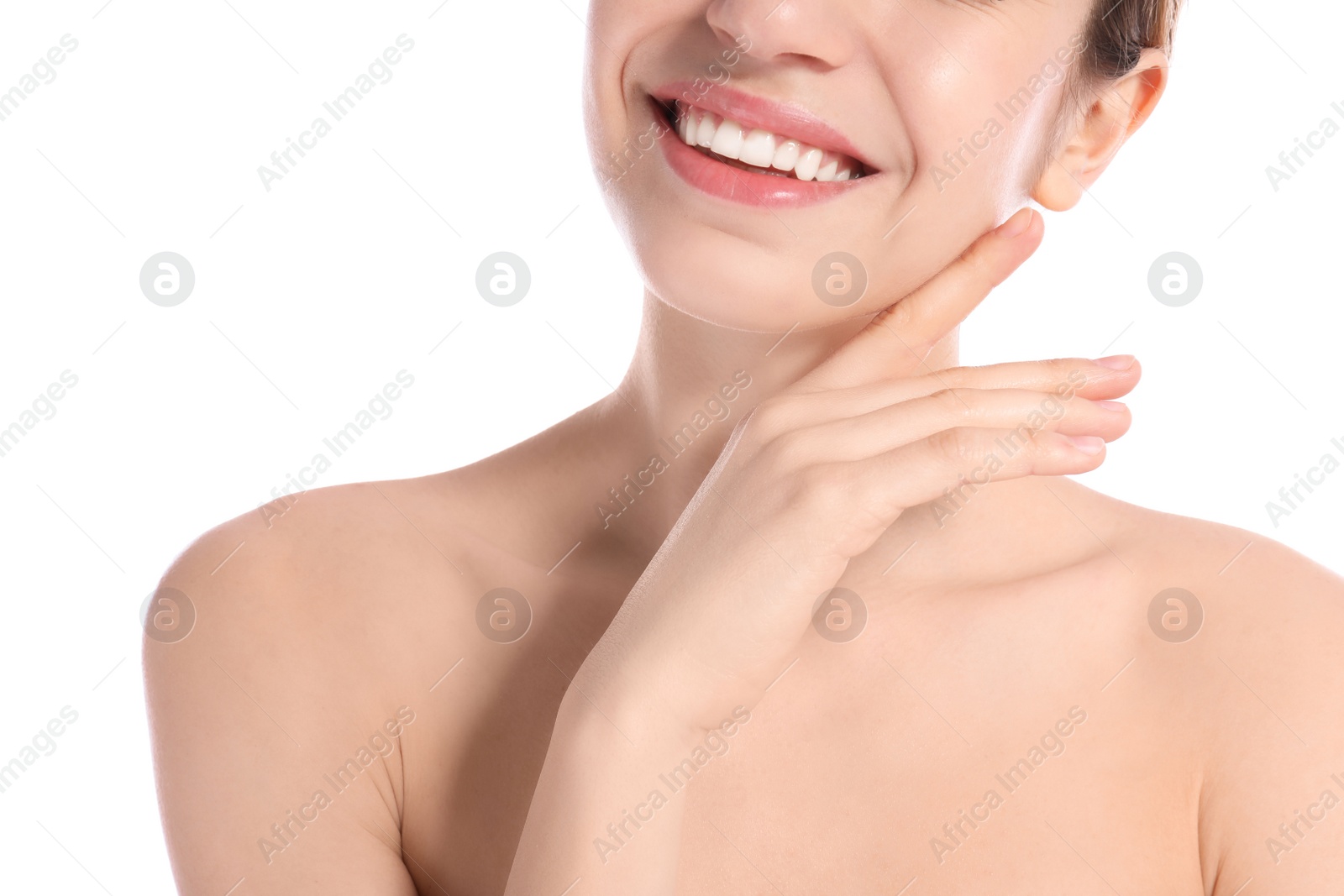 Photo of Closeup view of young woman with perfect smooth skin on white background. Beauty and body care