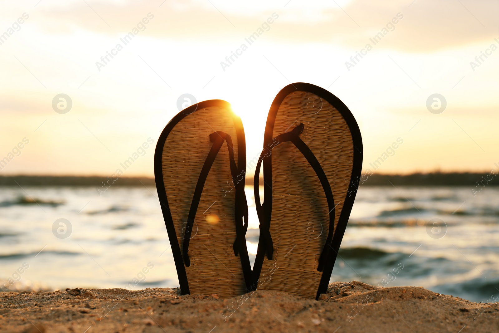 Photo of Stylish flip flops on sand near sea. Beach accessories