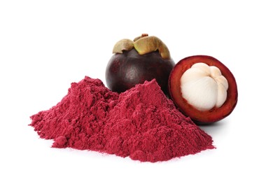 Mangosteen powder and fruits on white background