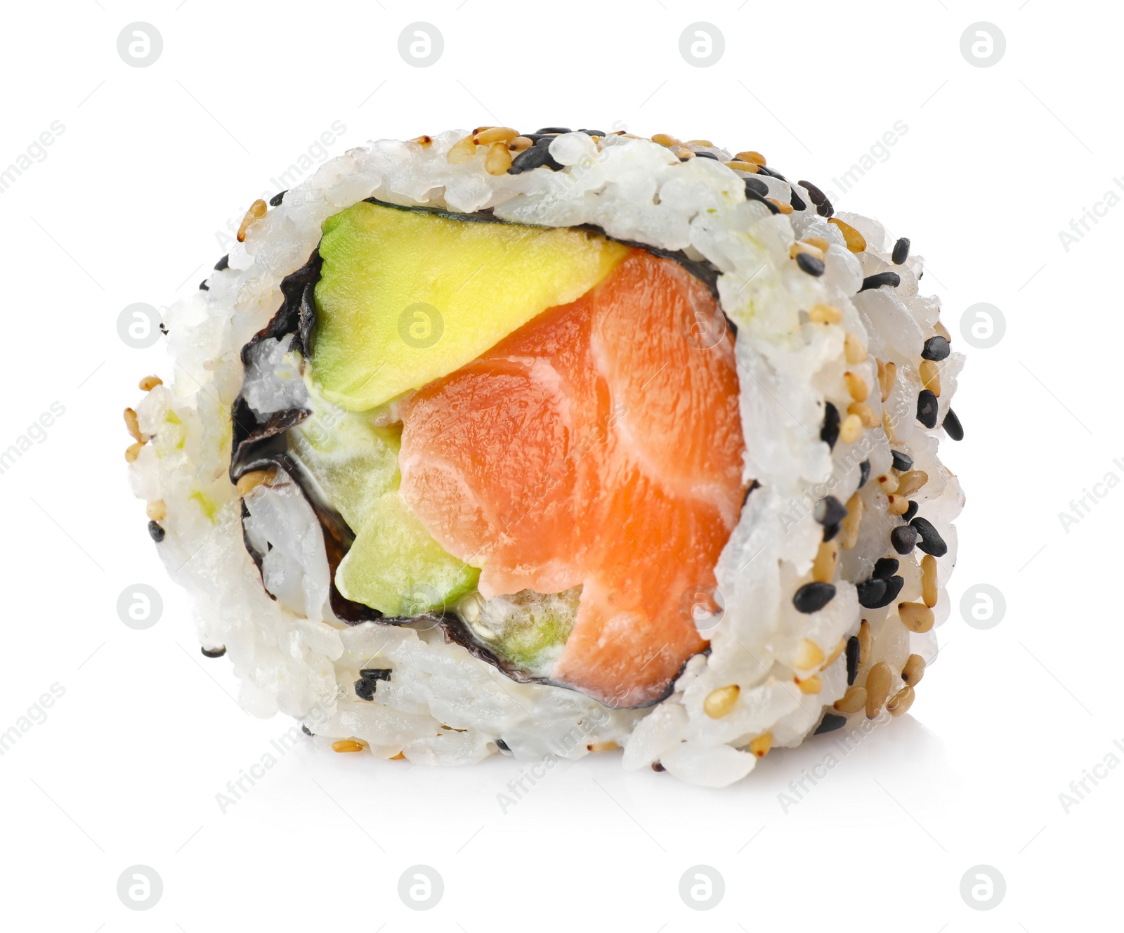 Photo of Delicious fresh sushi roll in sesame isolated on white