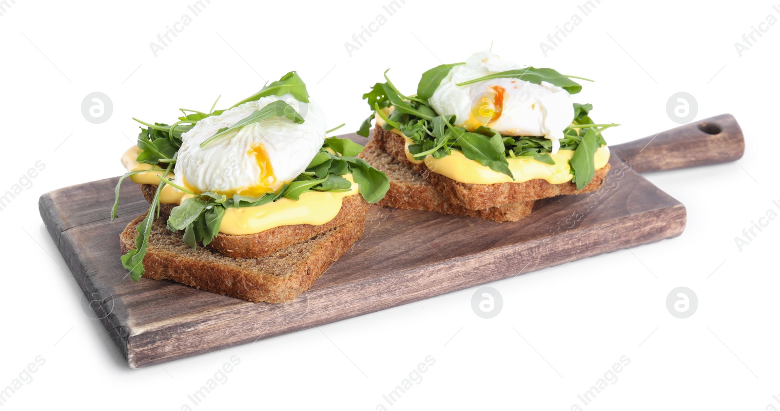 Photo of Delicious sandwich with arugula and egg isolated on white