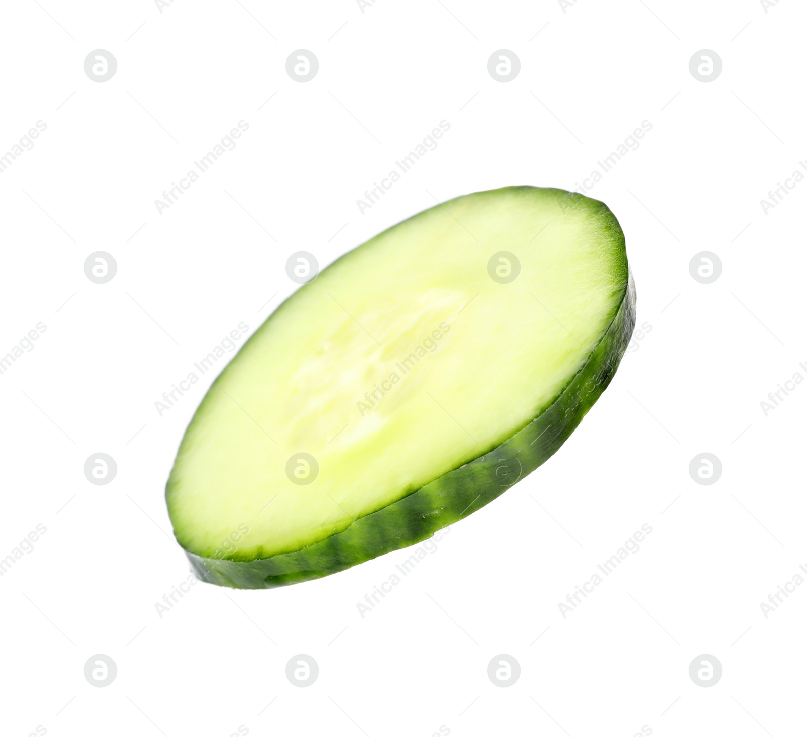 Photo of Cut fresh green cucumber on white background