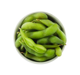 Bowl with green edamame pods on white background, top view