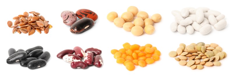 Set with different legumes, grains and seeds on white background, banner design. Vegan diet
