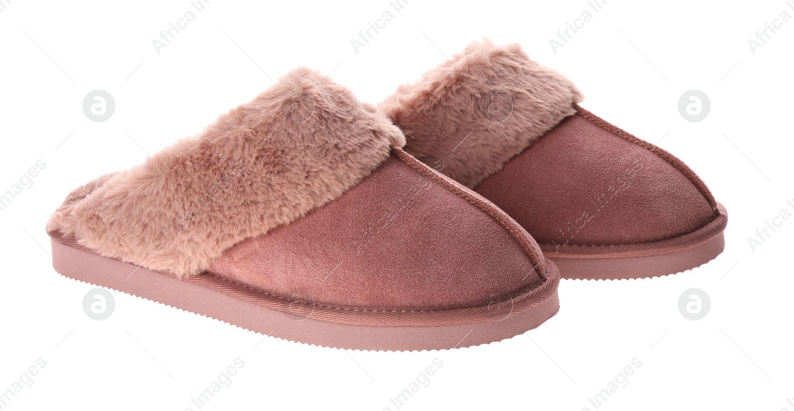 Photo of Pair of stylish soft slippers on white background