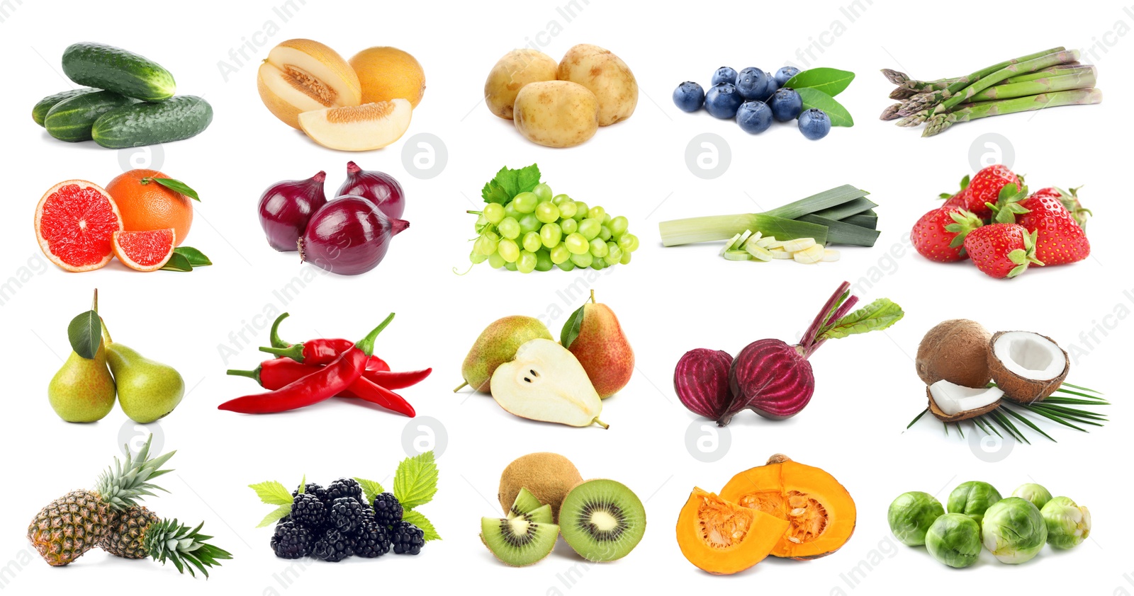 Image of Assortment of organic fresh fruits and vegetables on white background. Banner design