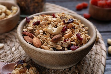 Photo of Tasty granola with nuts and dry fruits on wooden table, closeup