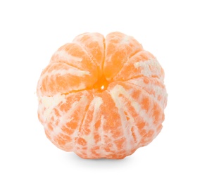 Photo of Peeled fresh ripe tangerine on white background