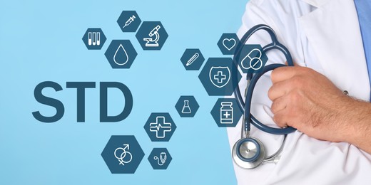 Image of STD prevention. Closeup view of doctor with stethoscope, abbreviation and different icons on light blue background, banner design