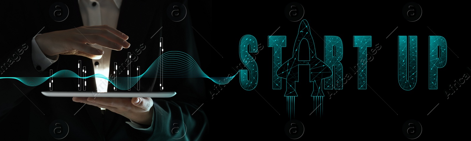 Image of Business initiation. Man using tablet on black background, closeup. Text Start Up with illustration of rocket instead of letter A. Banner design