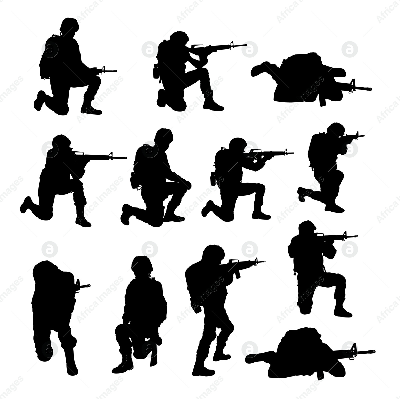 Image of Collage with silhouettes of soldiers on white background. Military service