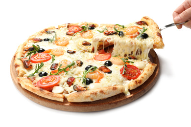 Photo of Woman taking slice of cheese pizza with seafood on white background, closeup