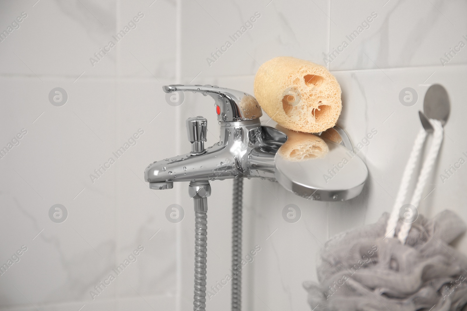 Photo of Grey shower puff and loofah sponge in bathroom, space for text