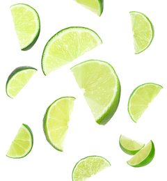 Image of Collage of falling cut limes on white background
