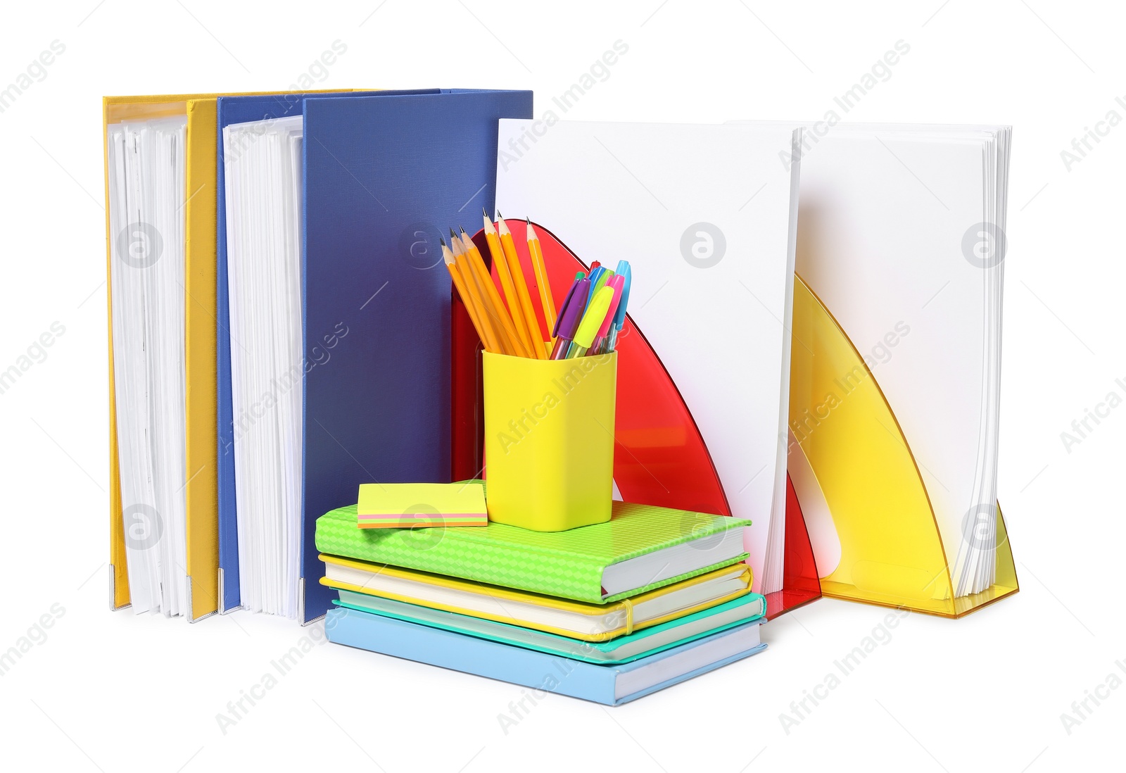 Photo of Bright office folders and different stationery isolated on white