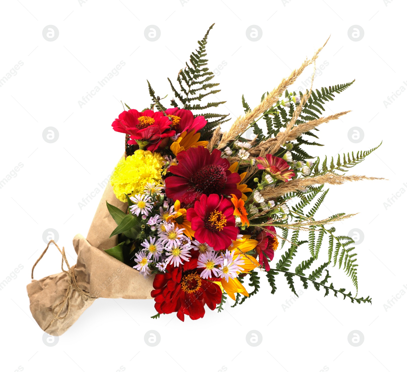 Photo of Bouquet of beautiful wild flowers isolated on white, top view