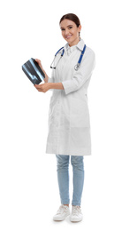 Photo of Orthopedist holding X-ray picture on white background