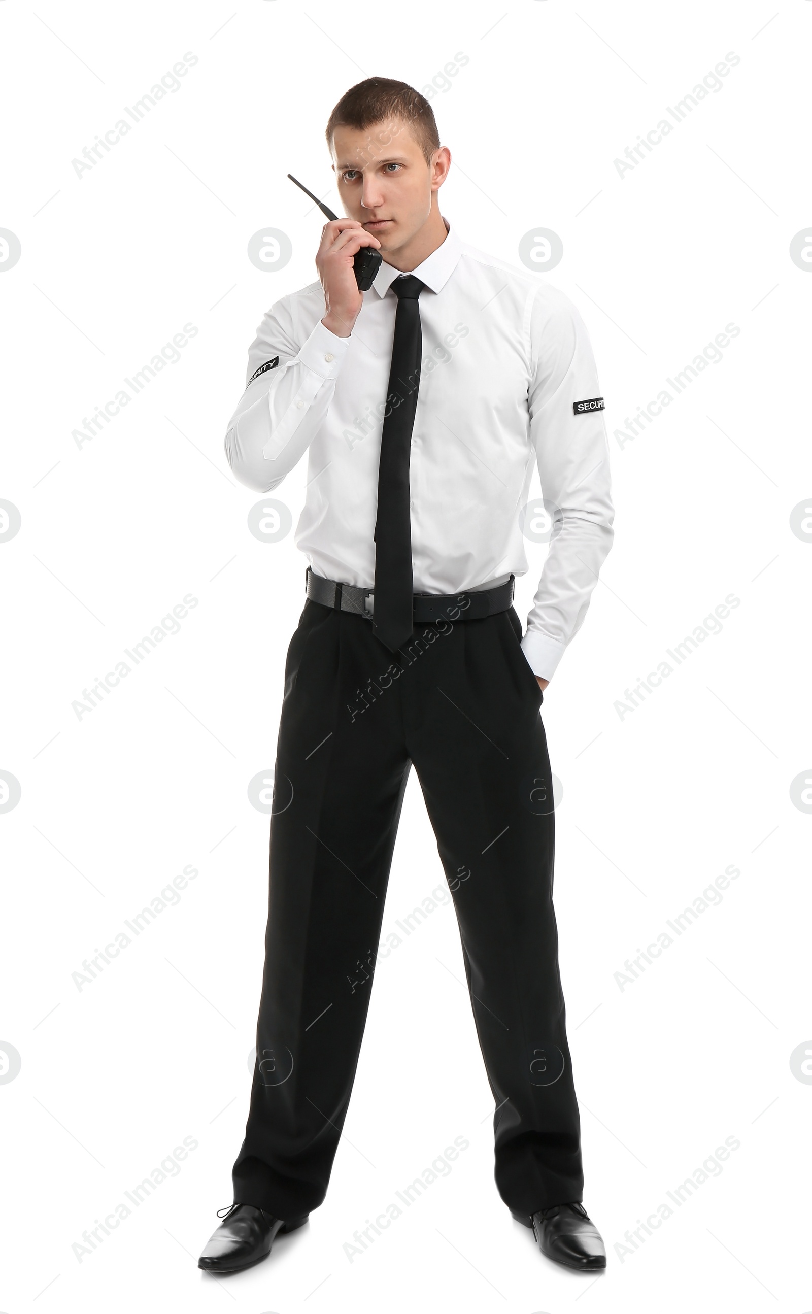 Photo of Male security guard using portable radio transmitter on white background