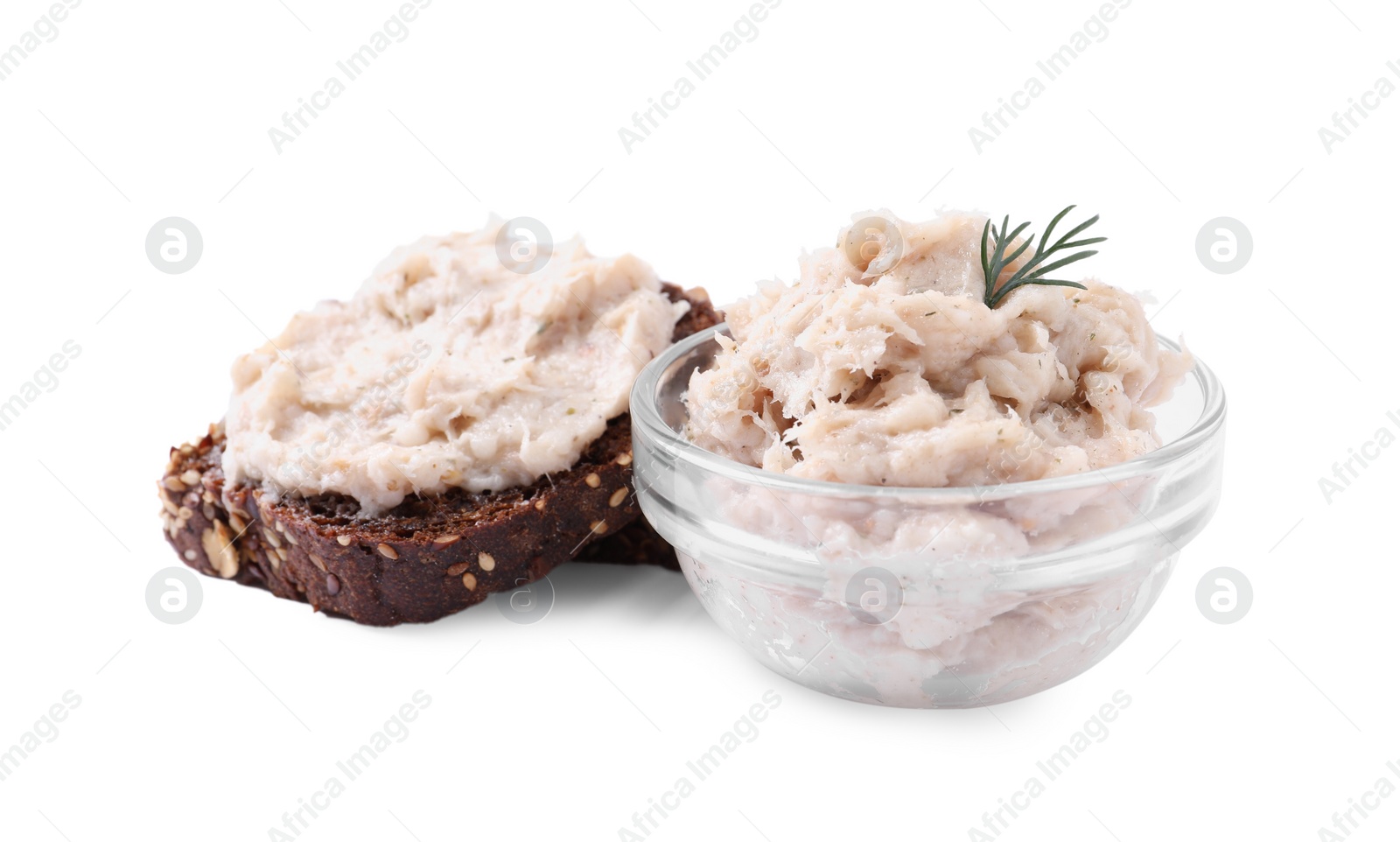 Photo of Delicious lard spread and sandwich on white background