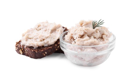 Delicious lard spread and sandwich on white background