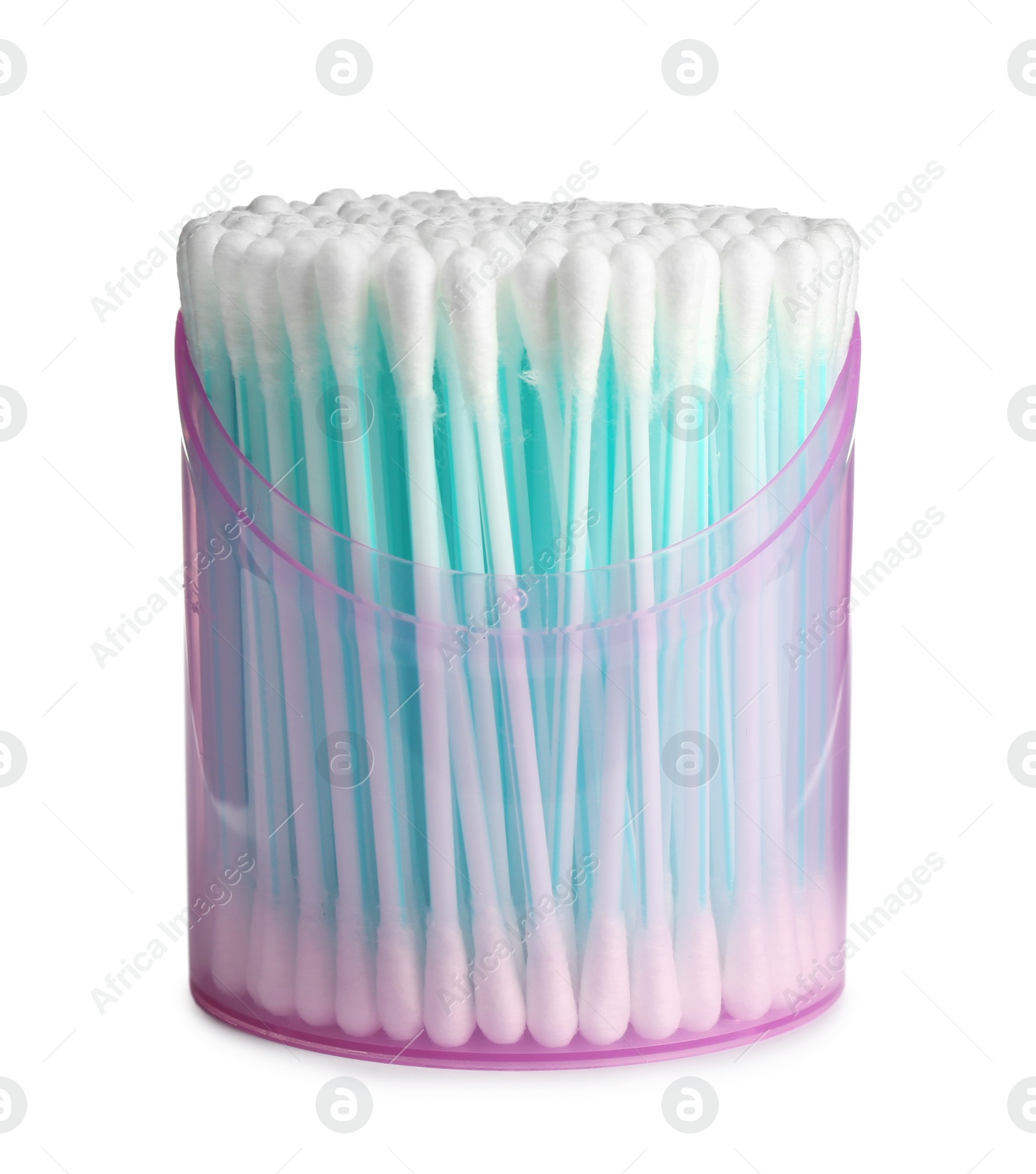 Photo of Plastic container with cotton swabs on white background