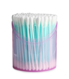 Plastic container with cotton swabs on white background