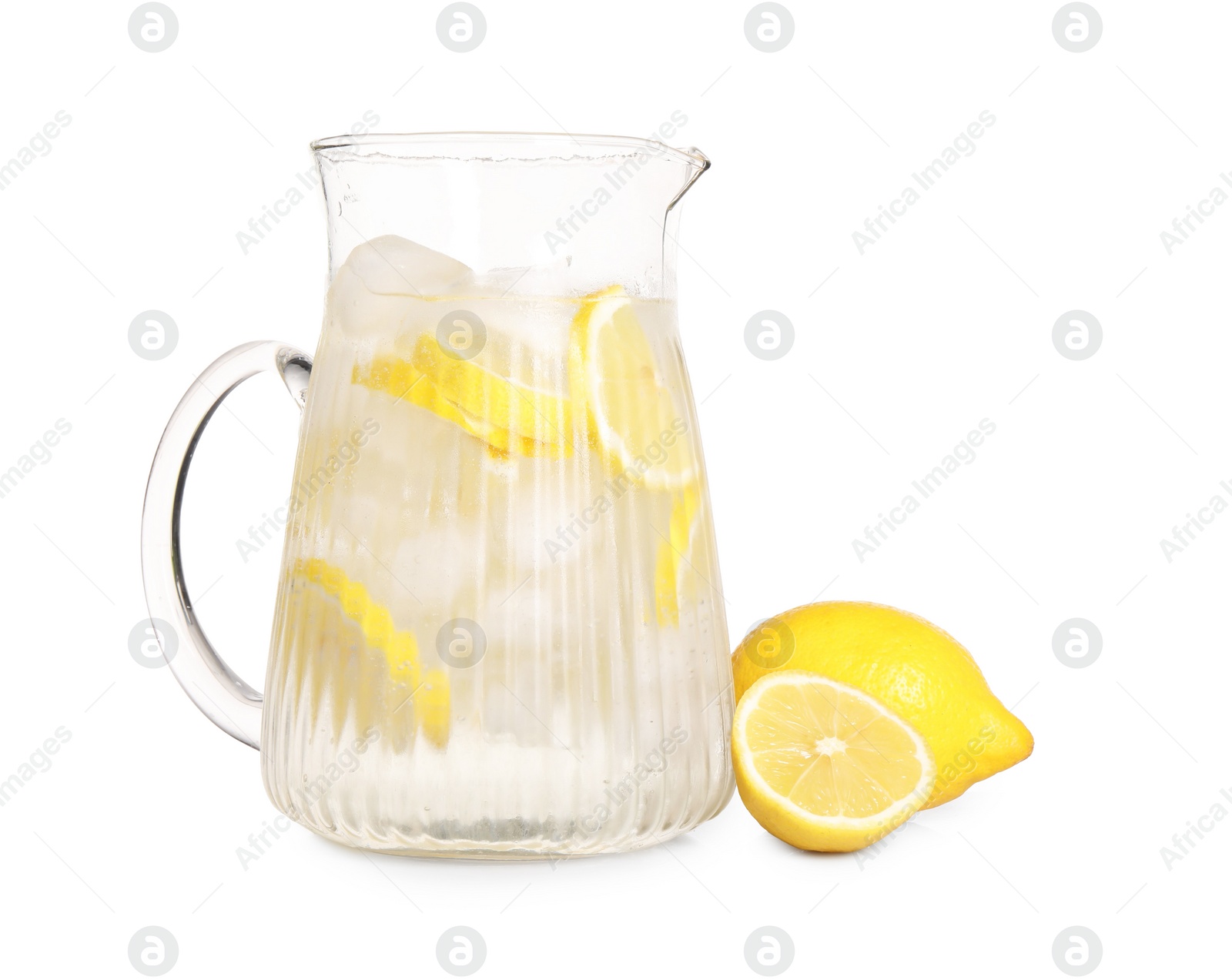 Photo of Freshly made lemonade in jug isolated on white