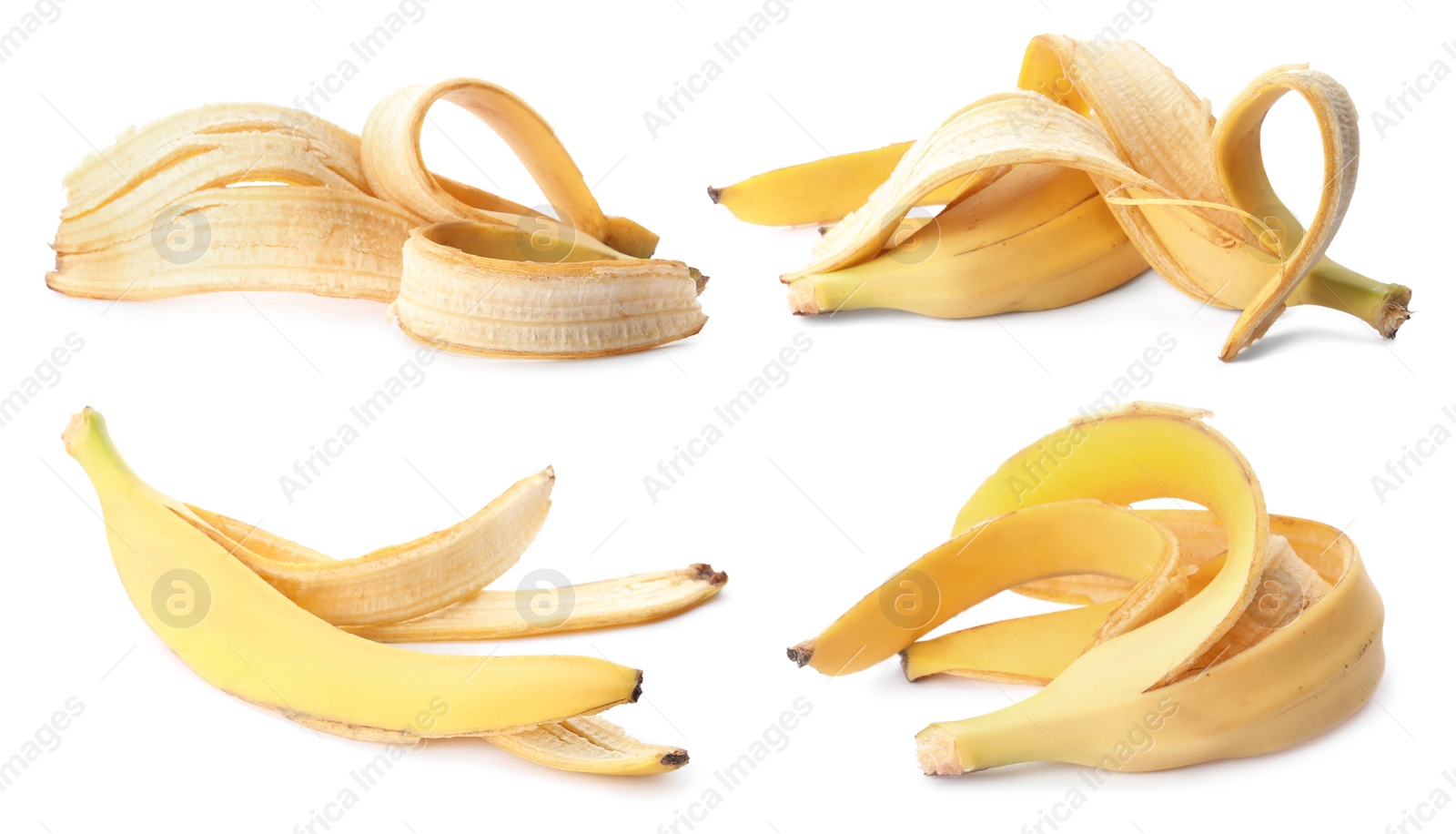 Image of Banana peels on white background, collage. Composting of organic waste