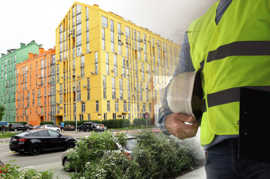 Double exposure of engineer and buildings in city