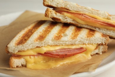 Photo of Tasty sandwiches with ham and melted cheese on plate, closeup