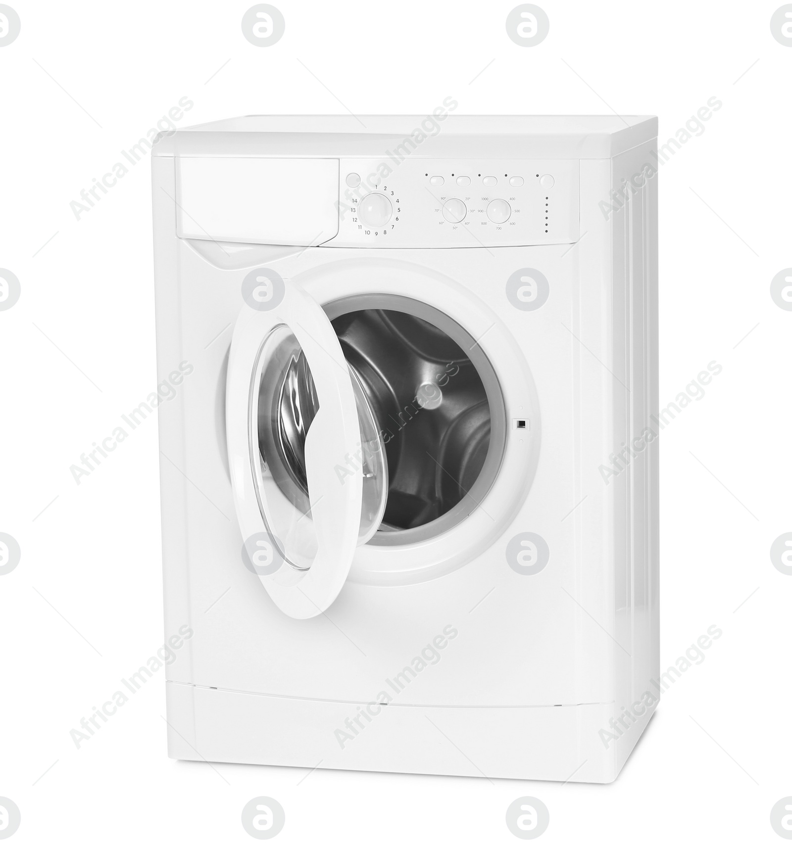 Photo of Modern washing machine isolated on white. Laundry day
