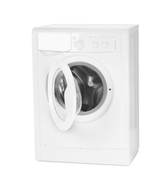 Photo of Modern washing machine isolated on white. Laundry day