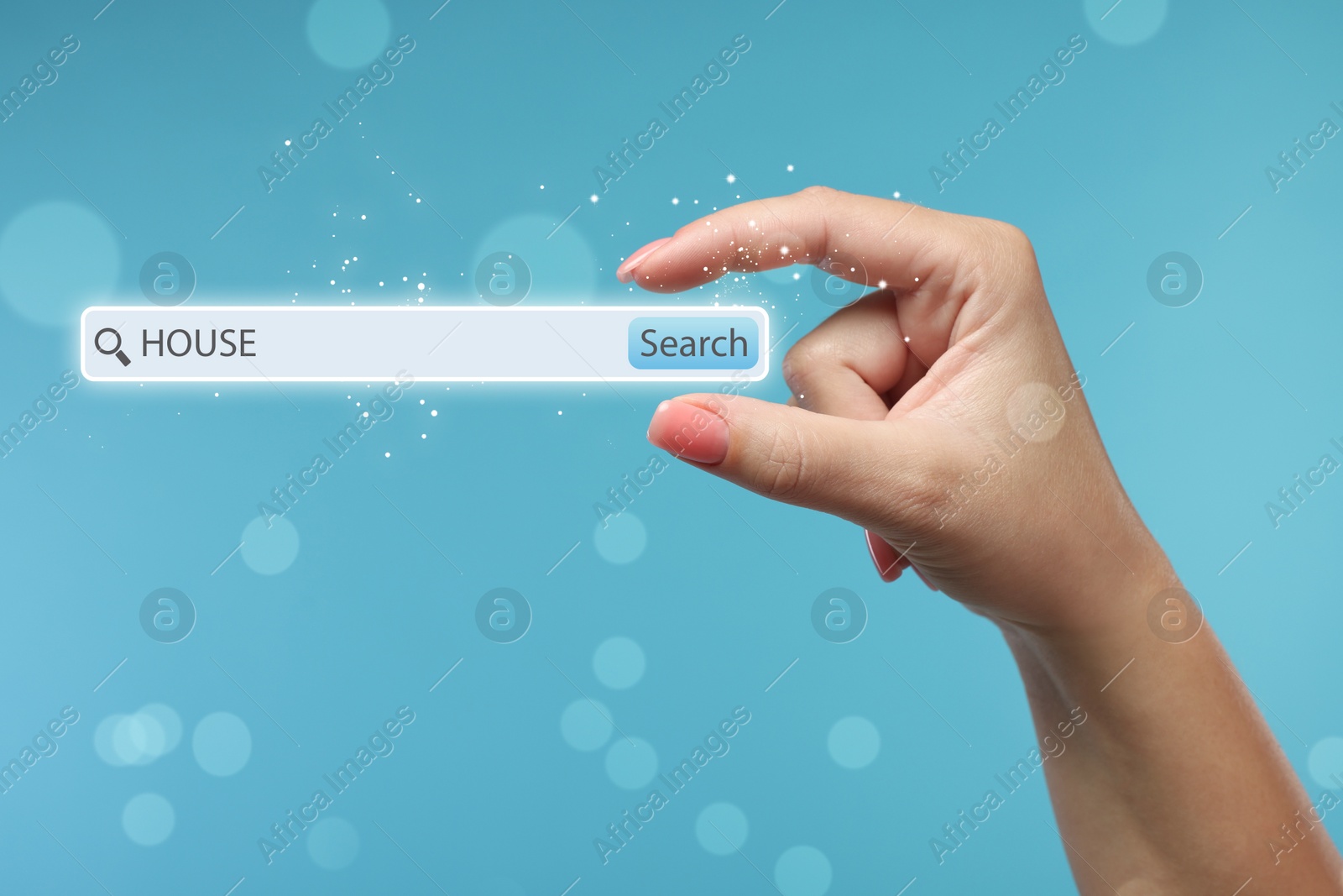 Image of House hunting. Woman holding virtual search bar on light blue background, closeup