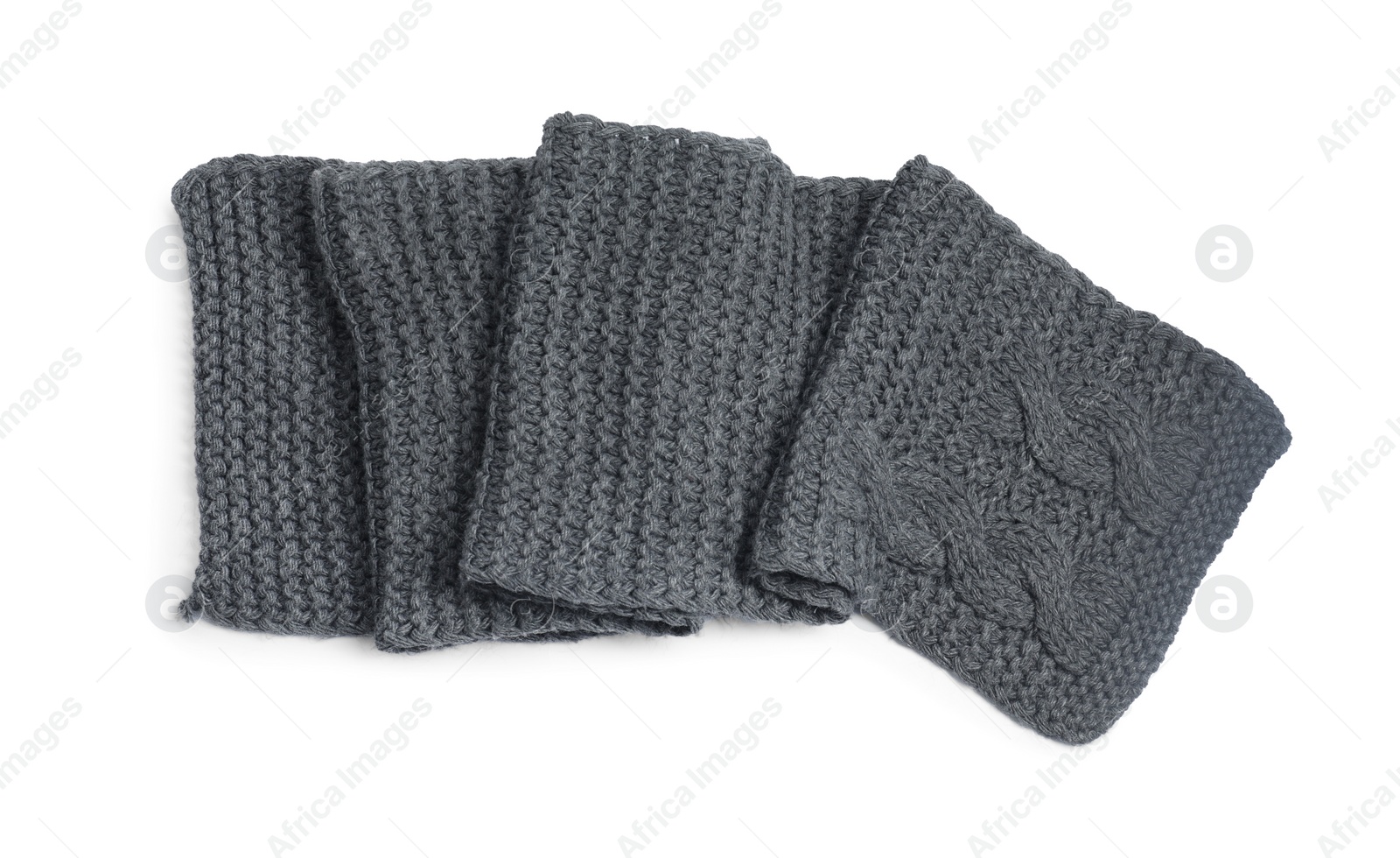Photo of One grey knitted scarf on white background, top view