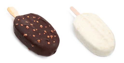 Image of Delicious glazed ice creams on white background, collage. Banner design