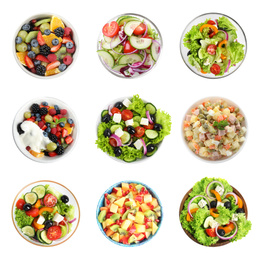 Image of Set with different salads on white background, top view