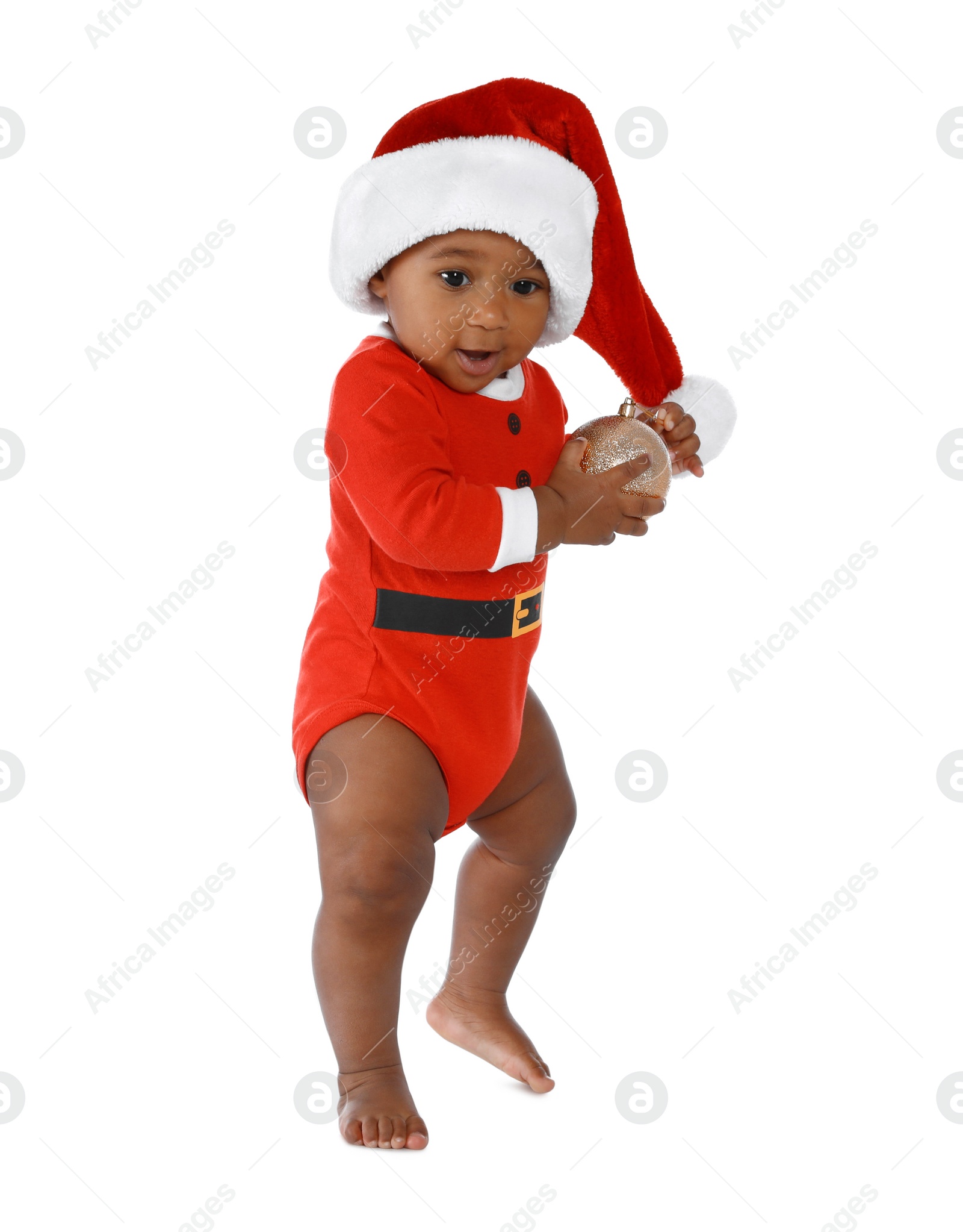 Photo of Cute African-American baby wearing festive Christmas costume on white background