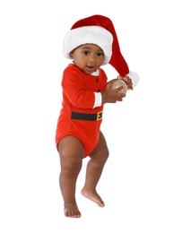Cute African-American baby wearing festive Christmas costume on white background
