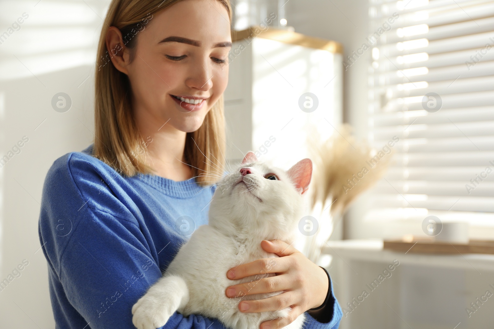 Photo of Young woman with her beautiful white cat at home. Fluffy pet