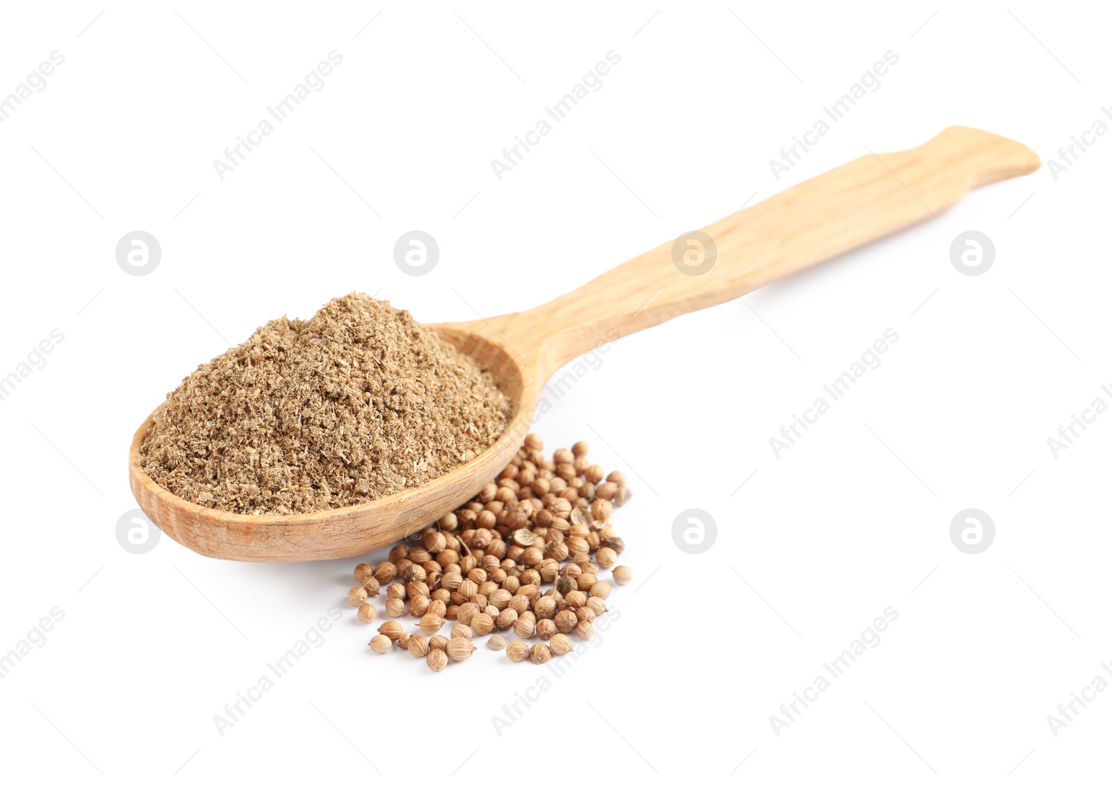 Photo of Wooden spoon with powdered coriander and corns on white background