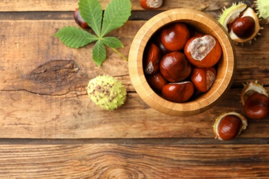 Photo of Horse chestnuts on wooden table, flat lay. Space for text