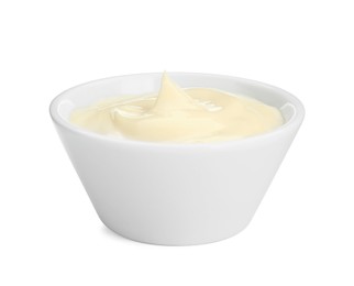 Photo of Fresh mayonnaise sauce in bowl isolated on white