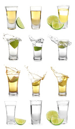 Image of Set of different Mexican Tequila shots on white background. Banner design