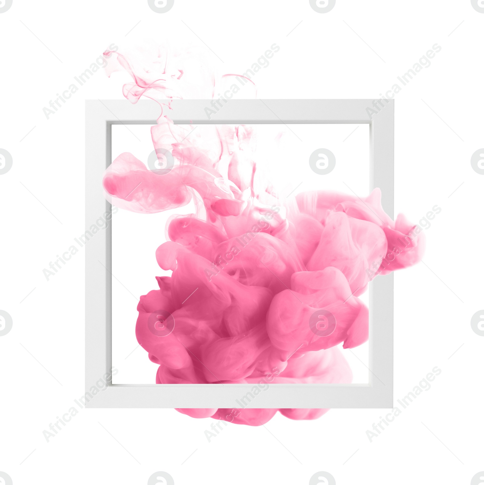 Image of Splash of pink ink and frame on white background