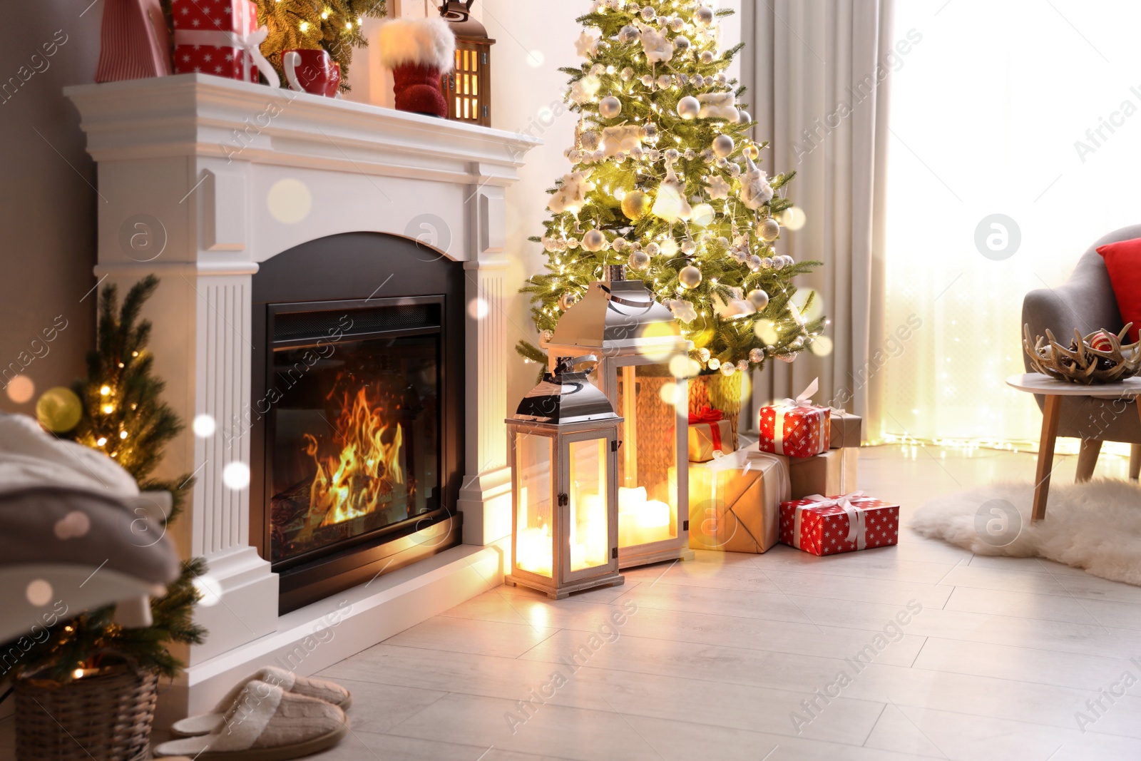 Image of Stylish room interior with fireplace and beautiful Christmas decor