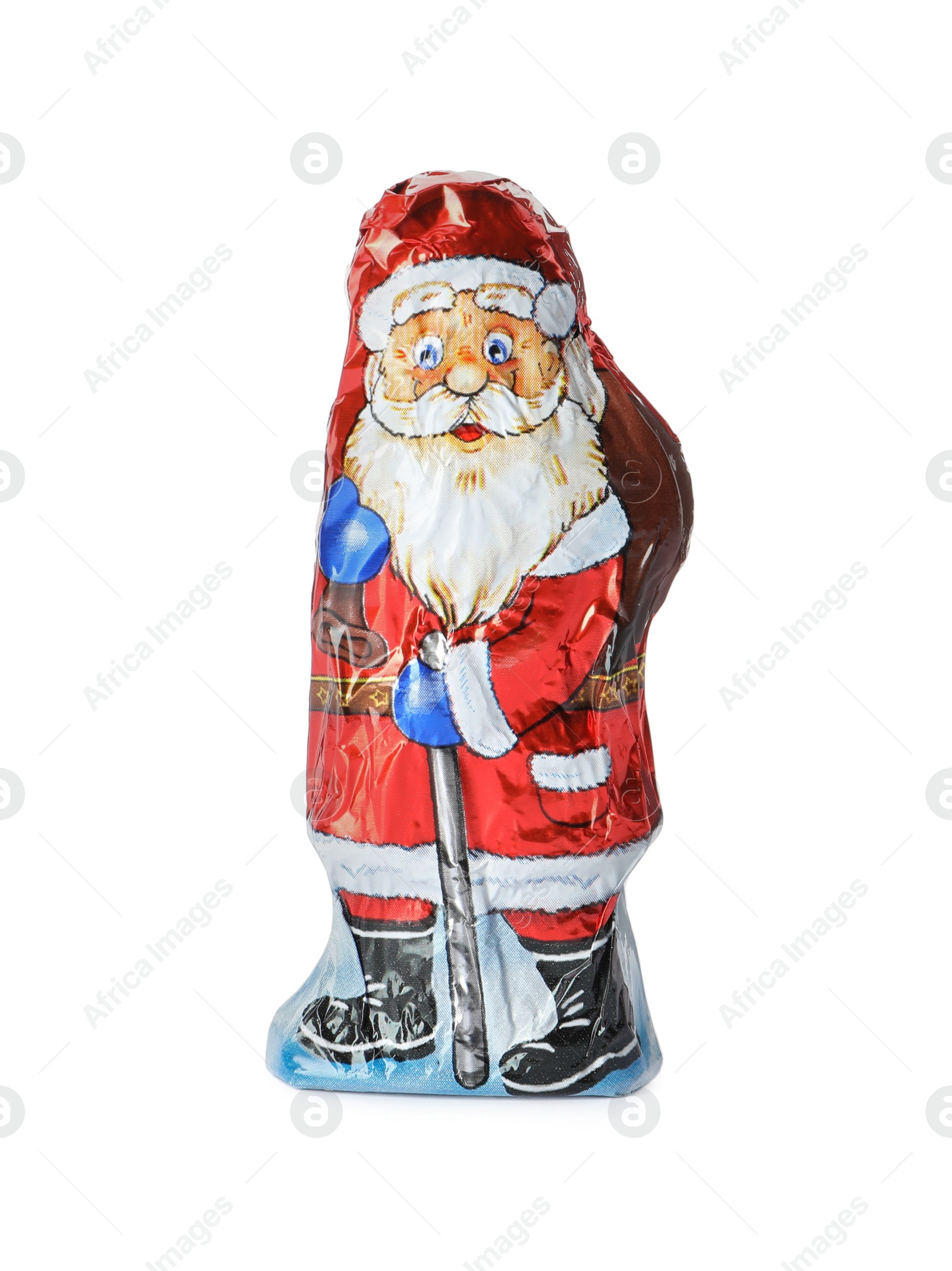 Photo of Chocolate Santa Claus candy in foil wrapper isolated on white