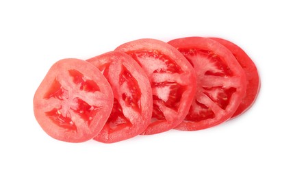 Photo of Slices of red ripe tomato isolated on white, top view