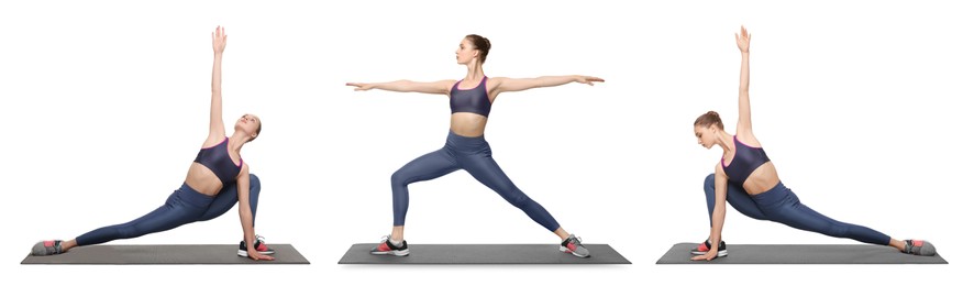 Young woman practicing yoga on white background. Collage with different asanas